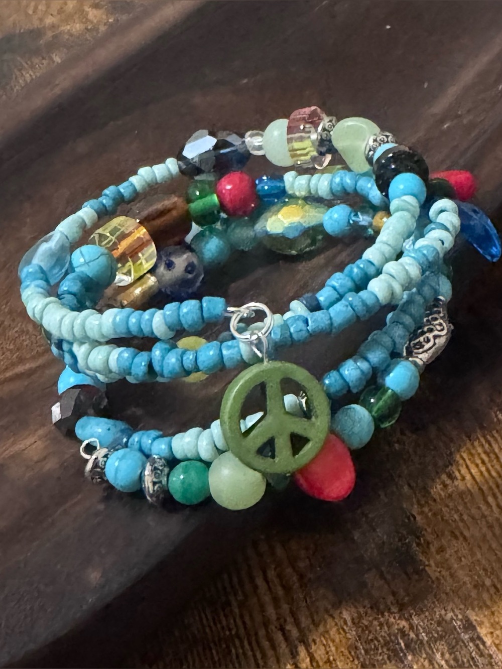 Artisan Turquoise & Green Peace Charm Multi-Strand Beaded Bracelet